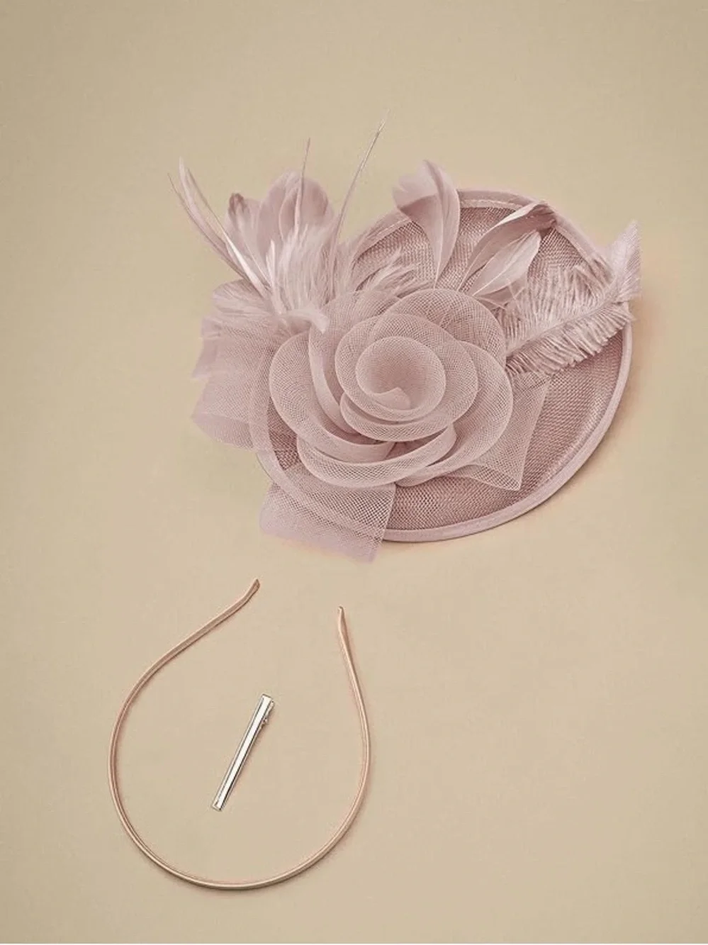 Kentucky Derby Hat Fascinator | Sinamay Floral Feather Cocktail Dusty Blush Pink